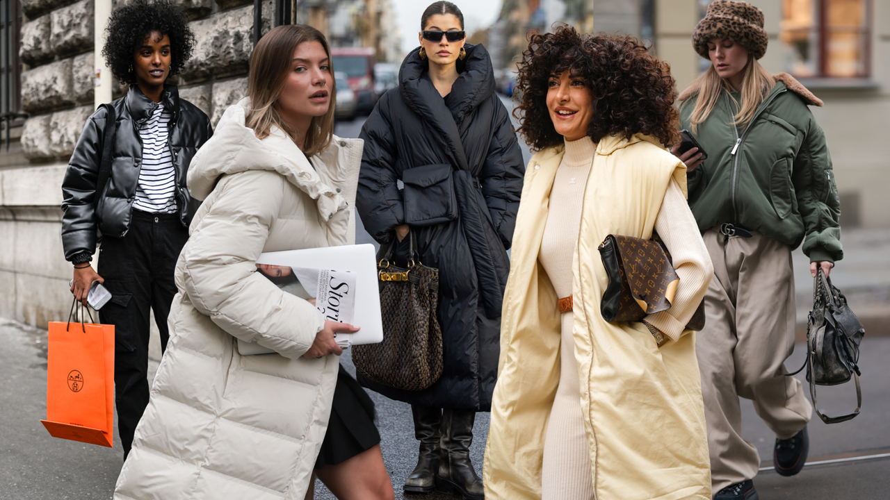 a collage of women wearing puffer jackets and coats