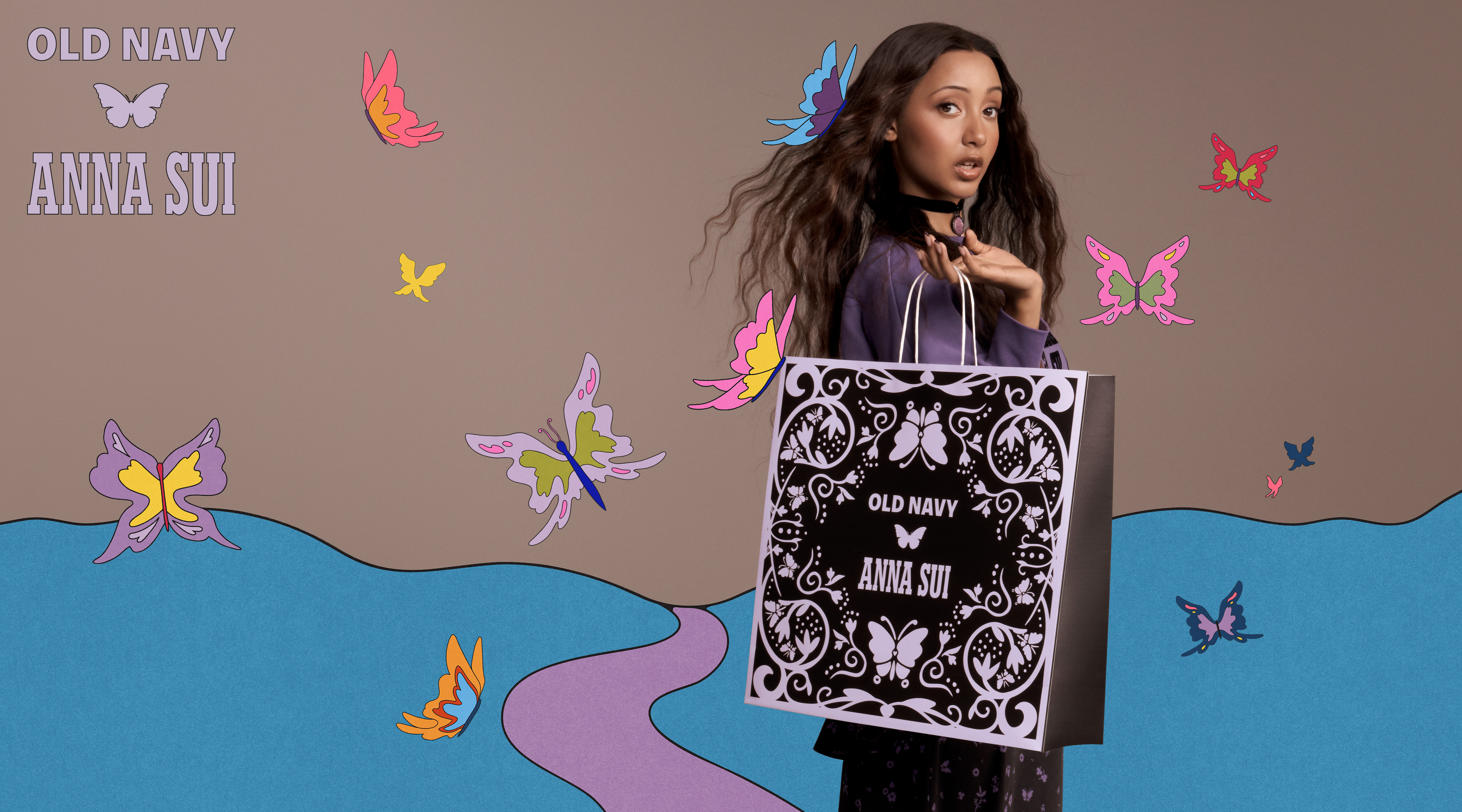 Pink Pantheress in the Anna Sui x Old Navy campaign.