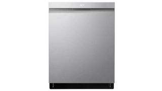 A stainless steel LG Smart dishwasher on a white background
