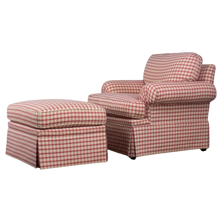 Vintage Traditional Accent Chair &amp;amp; Ottoman Red &amp;amp; White Plaid by Highland House