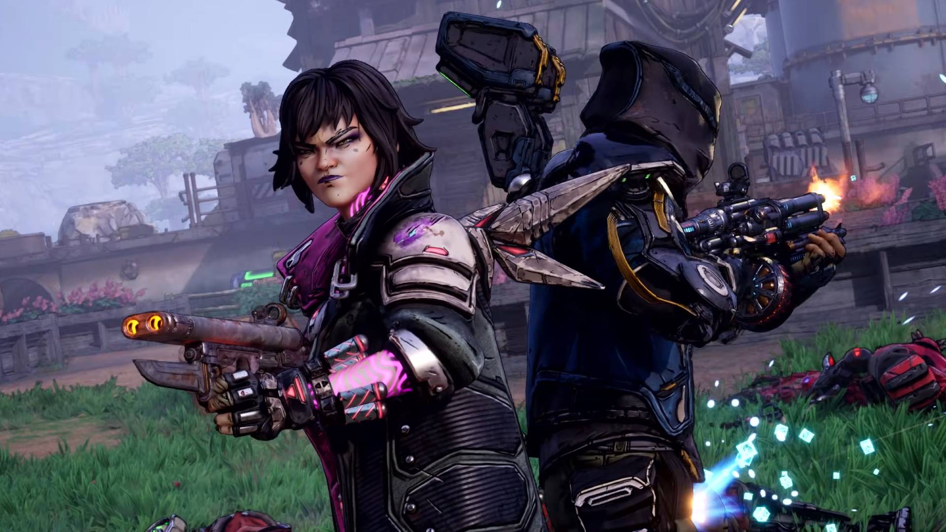 Borderlands 4 vault hunter character vex and rafa standing back-to-back