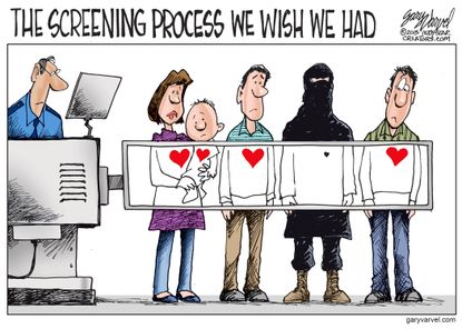 Political cartoon U.S. immigration screening process