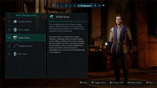 Shot from Avowed's character creation screen, showing information for the "Noble Scion" background.