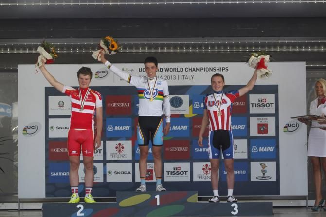 2013 junior men's time trial world championship podium (L-R): Mathias Krigbaum (Denmark), Igor Decraene (Belgium) and Zeke Mostov (United States of America)