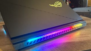 Asus ROG Strix Scar 16 back to show vent and RGB light strip