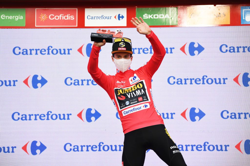 SABIANIGO SPAIN OCTOBER 24 Podium Primoz Roglic of Slovenia and Team Jumbo Visma Red Leader Jersey Celebration Trophy during the 75th Tour of Spain 2020 Stage 5 a 1844km Huesca to Sabinigo 835m lavuelta LaVuelta20 La Vuelta on October 24 2020 in Sabinigo Spain Photo by David RamosGetty Images