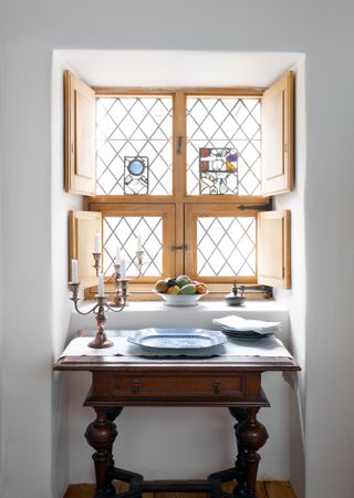 replacement leaded window and shutters in 17th century home