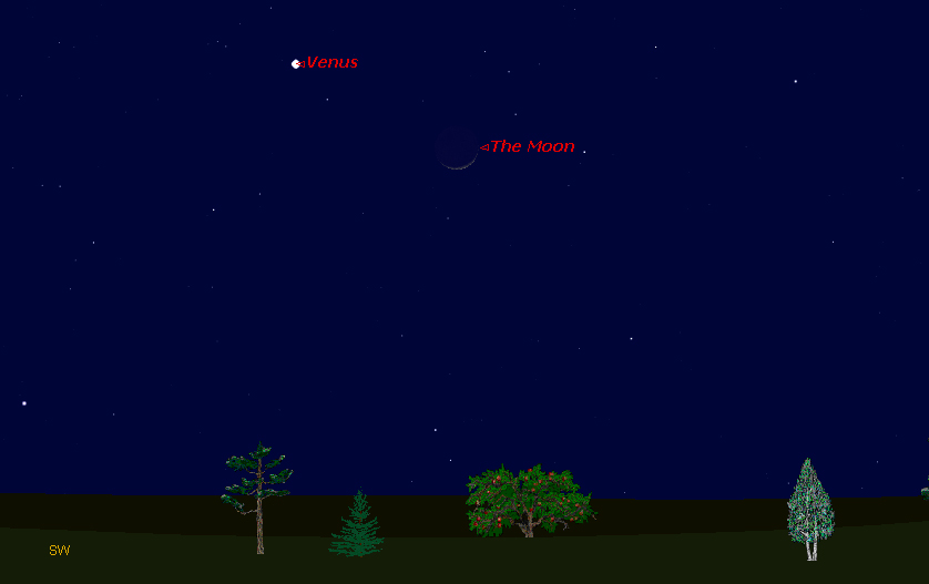 This sky map shows how the planet Venus will appear near the moon on Jan. 25, 2012 at 6 p.m. to observers at mid-northern latitudes.