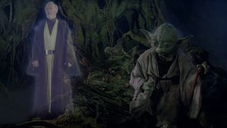 Obi-Wan Kenobi as a force ghost talking to Yoda