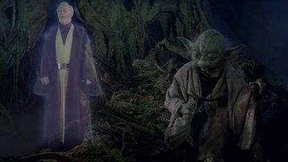 Obi-Wan Kenobi as a force ghost talking to Yoda