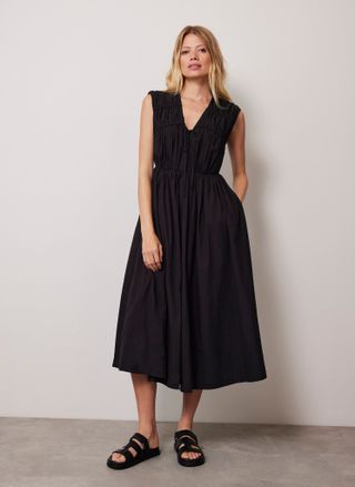 Black Cotton Tie Midi Dress