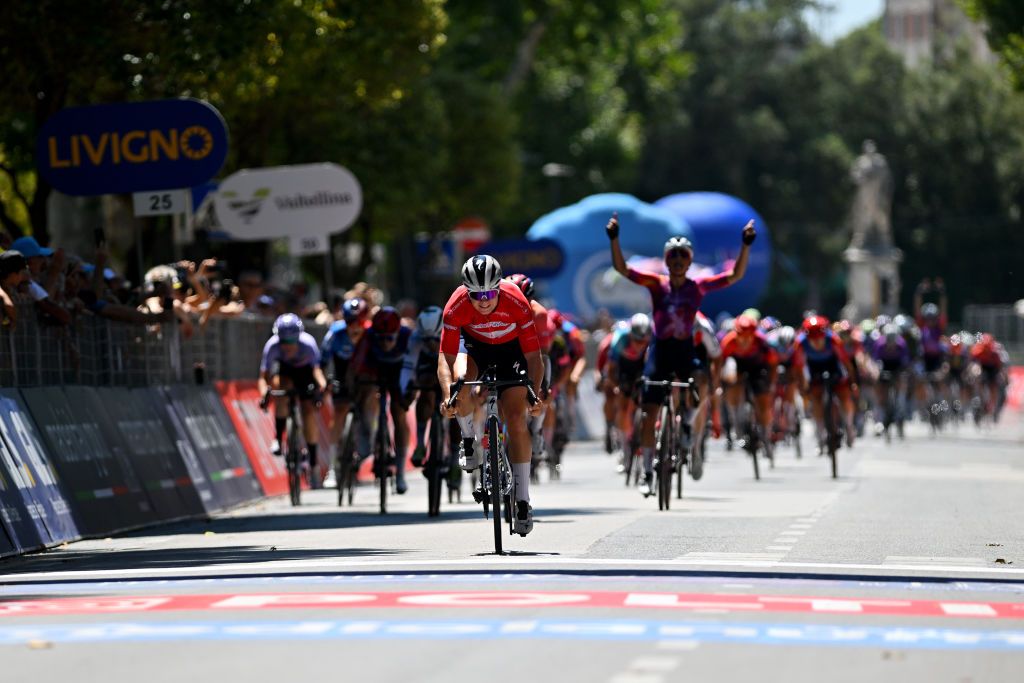 FOLIGNO ITALY JULY 11 Stage winner Lotte Kopecky of Belgium and Team SD Worx Protime Red Sprint Jersey sprints at finish line during the 35th Giro dItalia Women 2024 Stage 5 a 108km stage from Frontone to Foligno UCIWWT on July 11 2024 in Foligno Italy Photo by Luc ClaessenGetty Images
