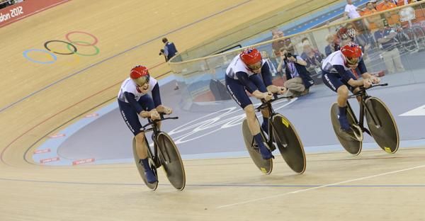 Great Britain's team pursuit squad approaches the finish line of their Olympic gold medal winning and world record settting race.