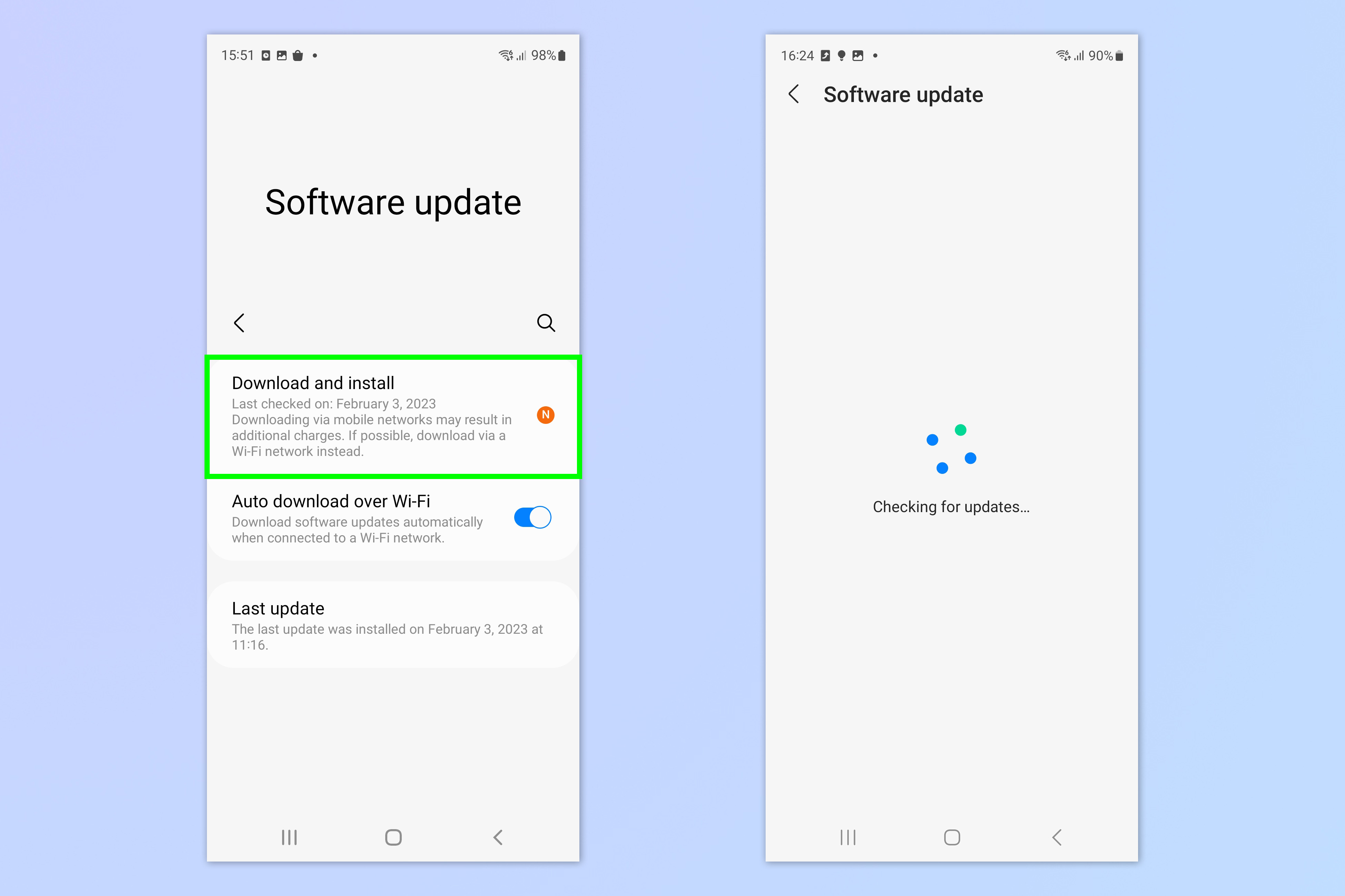 Una captura de pantalla que muestra cómo actualizar un teléfono o tableta Samsung Galaxy