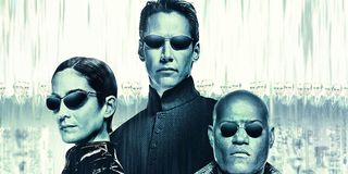 The Matrix Revolutions Trinity, Neo, and Morpheus in front of a ton of Agent Smiths