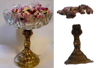A candy bowl on a metal pedestal (left). The scan failed to detect the glass portion (right)
