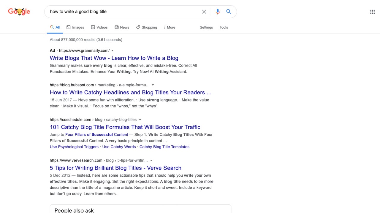 a Google search for 'how to write a good blog title"