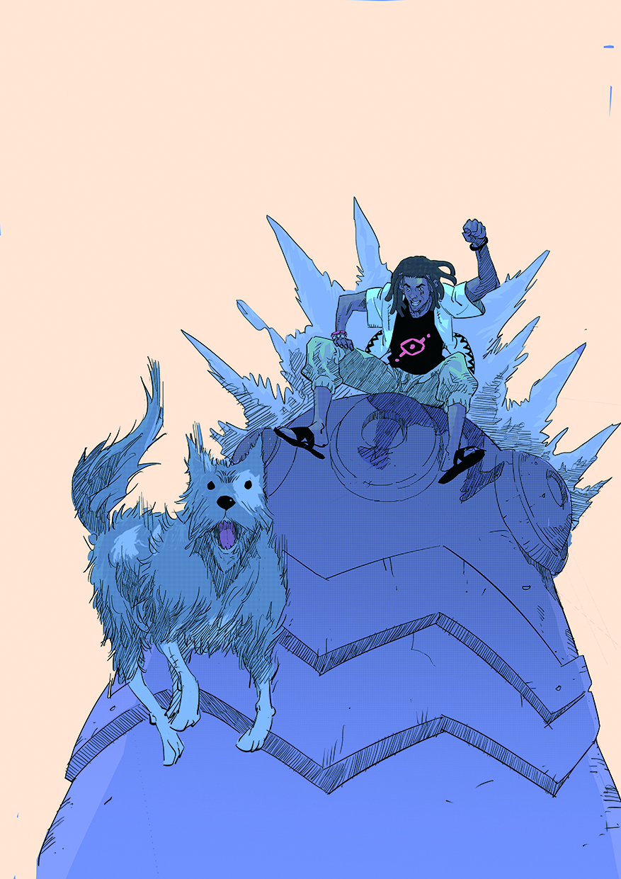 African comics; a dog and a man in blue