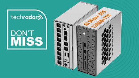 The Moginsok MG01 mini PC on a green background next to a TechRadar badge that reads 'Don't Miss'