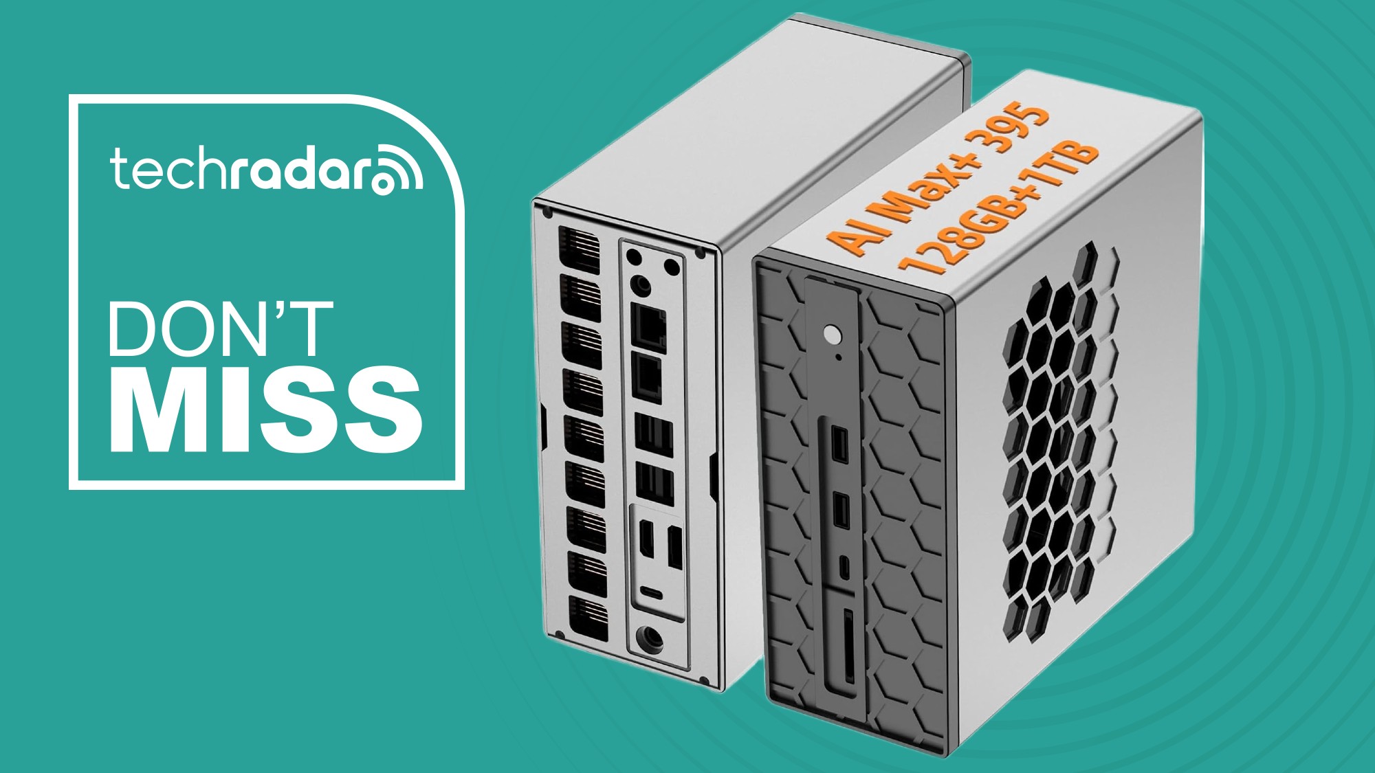 The Moginsok MG01 mini PC on a green background next to a TechRadar badge that reads 'Don't Miss'