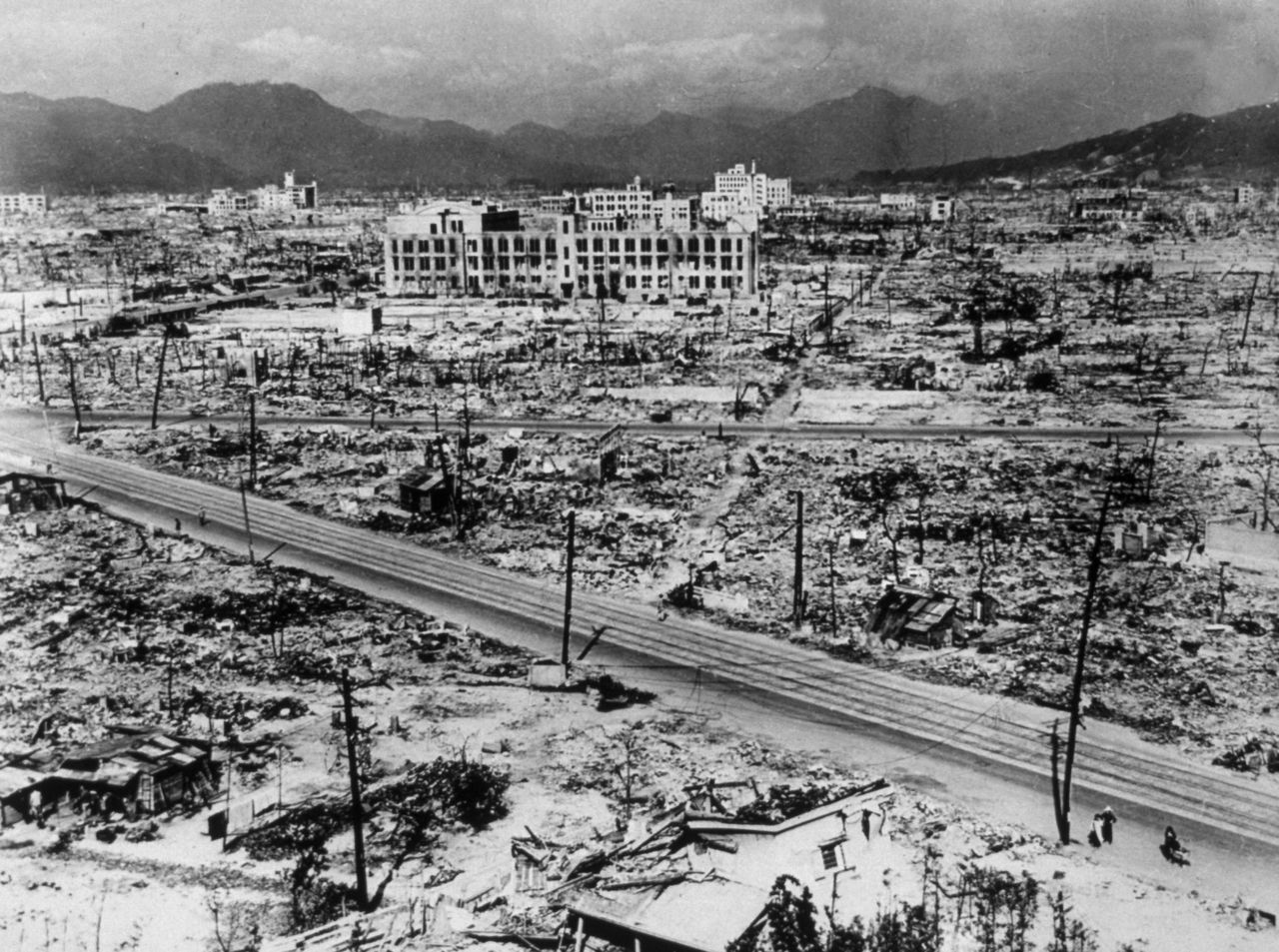 Atomic bomb damage in Hiroshima, 1945.