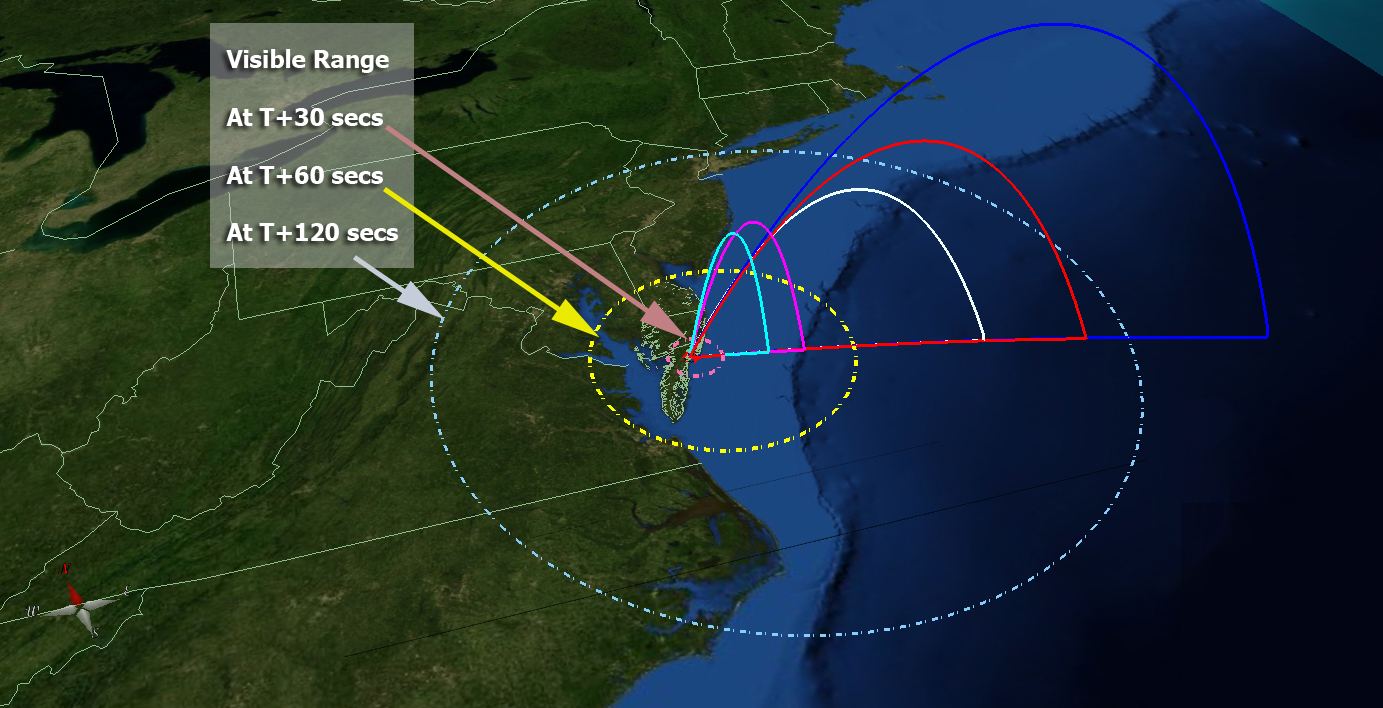 This map shows the projected area where the five ATREX rockets should be visible after launch.