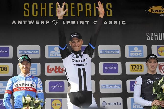 Marcel Kittel (Giant-Shimano) atop the podium at the Scheldeprijs