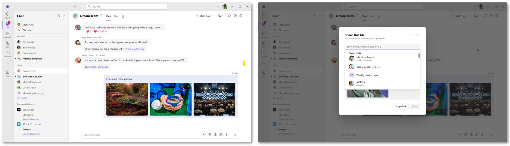 A screenshot of Microsoft Teams demonstrating a file-sharing shortcut. The left side shows a cursor selecting a photo in chat, and the right side shows the resulting "Share this file" pop-up window.