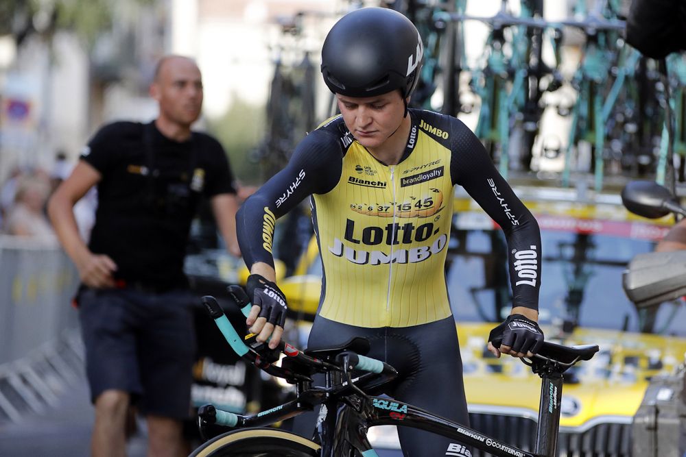 A LottoNL-Jumbo rider picks himself up off the tarmac