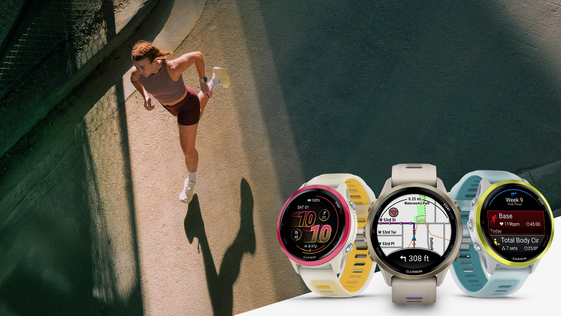 The Garmin Forerunner 970 and 570 rendered in the bottom-right of the image, while the rest is taken up with a photo of a person running on pavement while wearing a Garmin watch.