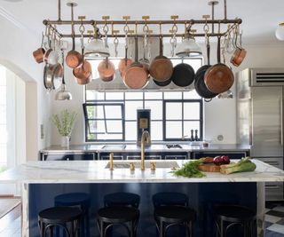 Ann-Morris bespoke pot rack with hanging copper pans