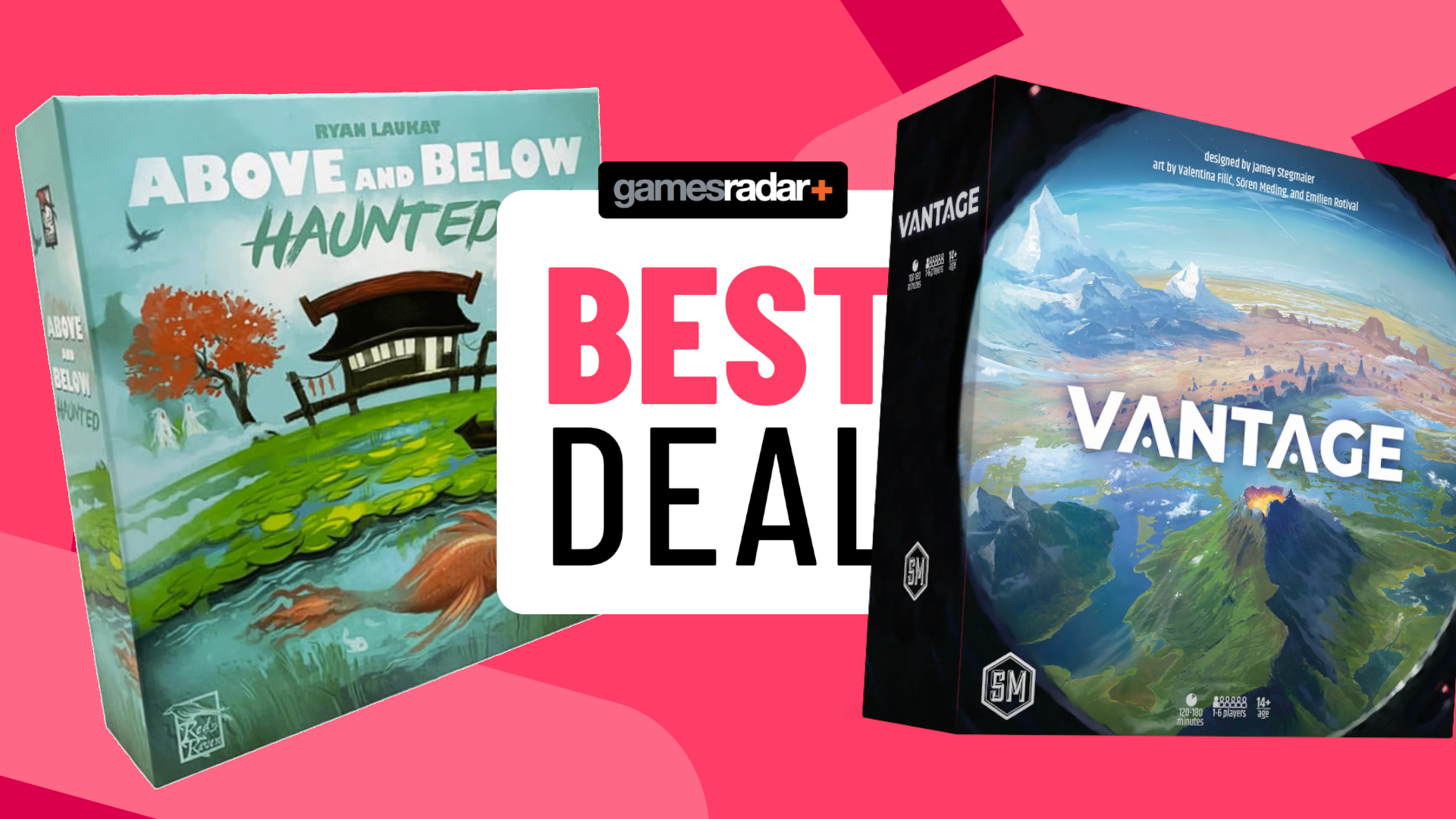 Above and Below: Haunted and Vantage boxes on either side of a GamesRadar+ 'best deal' badge, all against a pink background