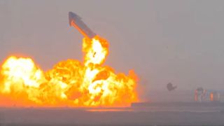 SpaceX's Starship SN10 rocket prototype explodes after a successful liftoff and soft landing at the company's Boca Chica, Texas launch site on March 3. This view was provided by SPadre.com.