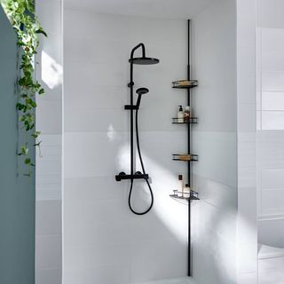 shower storage ideas with black shower fitting