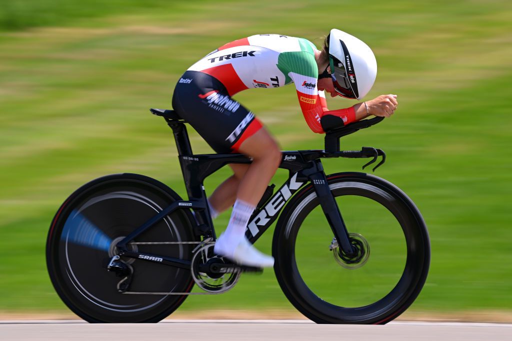 ABTWILL SWITZERLAND JUNE 18 Elisa Longo Borghini of Italy and Team TrekSegafredo sprints during the 3rd Tour de Suisse Women 2023 Stage 2 a 257km individual time trial from St Gallen to Abtwil UCIWWT on June 18 2023 in Abtwil Switzerland Photo by Dario BelingheriGetty Images