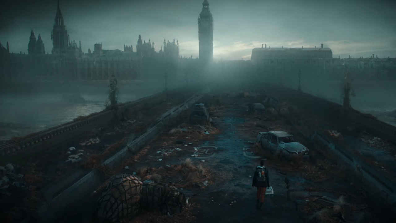 A destroyed London cityscape in Resident Evil.