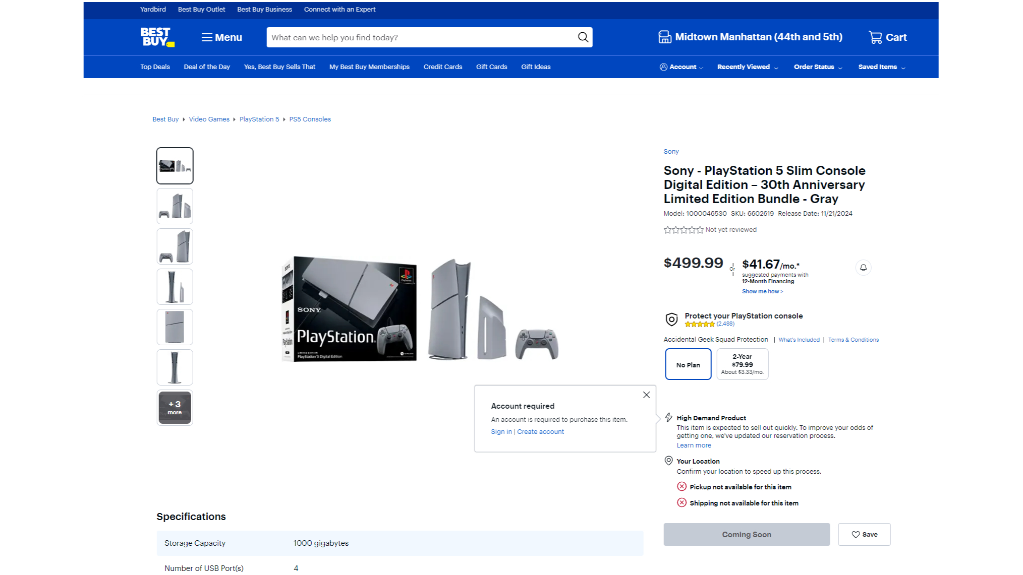 A screenshot of the PS5 Slim 30th Anniversary listing page at Best Buy