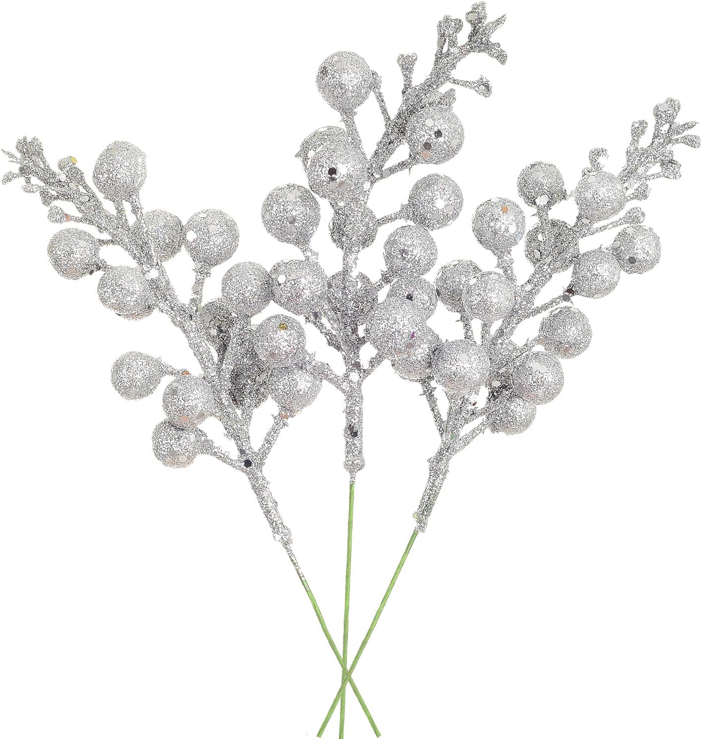 Lvydec 16pcs Christmas Glitter Berries Stems Clearance, 7.8&quot; Artificial Christmas Picks for Christmas Tree Ornaments, Diy Xmas Wreath, Crafts, Holiday and Home Decor (silver)