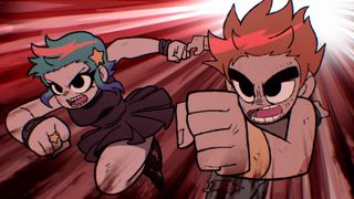 Ramona Flowers and Scott Pilgrim charge at someone off-camera to fight them in Netflix's Scott Pilgrim Takes Off