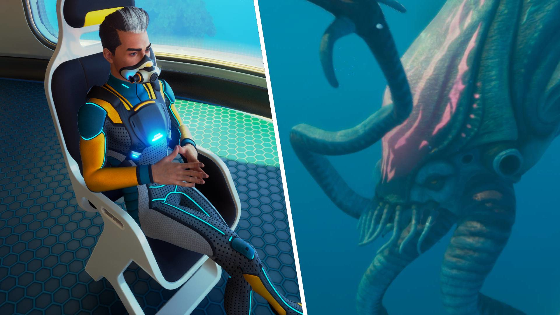 Split image of a diver sitting and a monster in the water