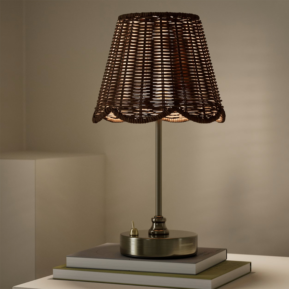 rechargeable table lamp with wicker shade and brass base