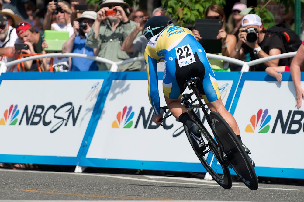 Mark Cavendish turns toward the finish of the Folsom Time Trial course.