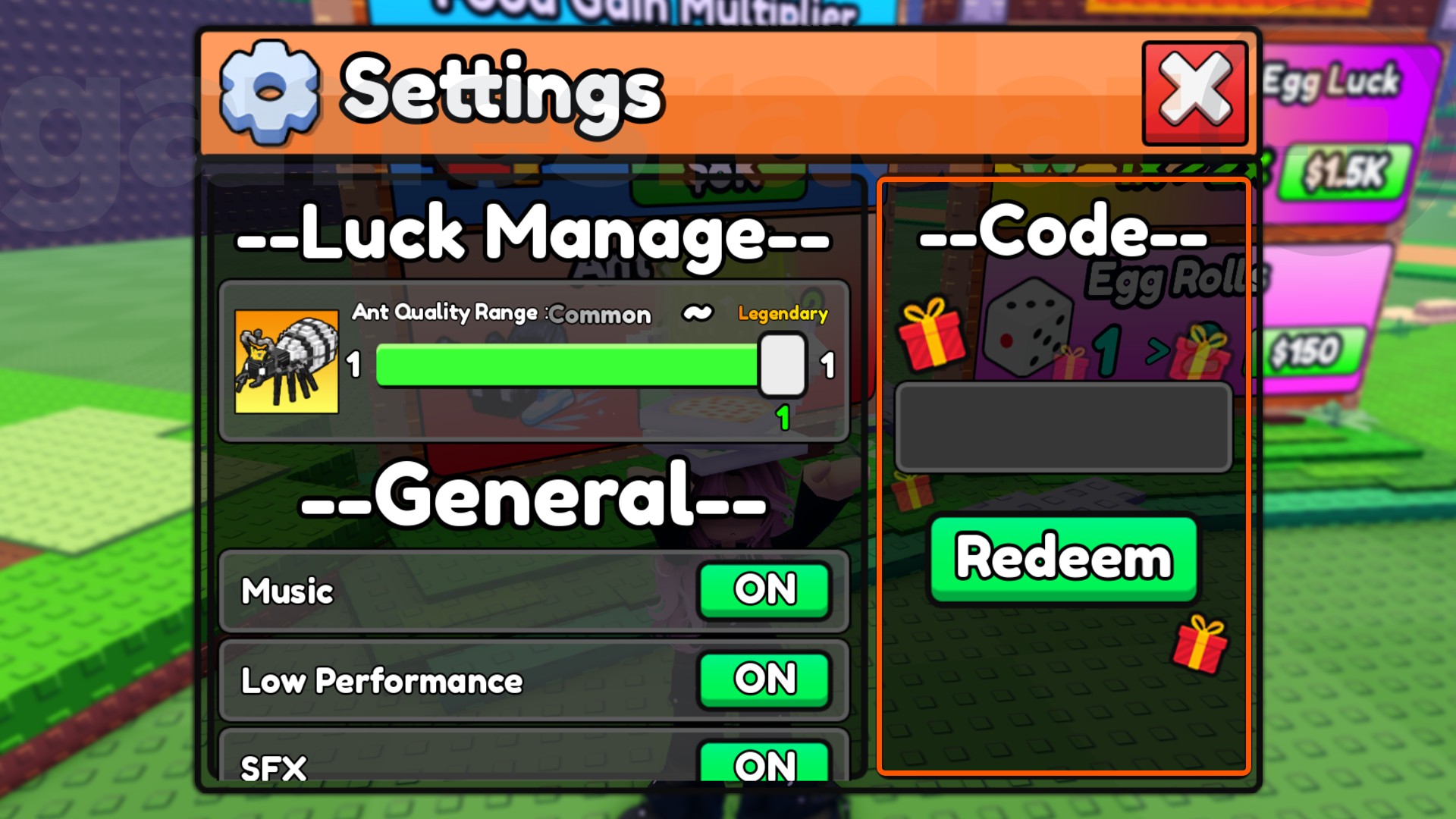 The Build an Ant Empire codes redemption screen in the Roblox game.