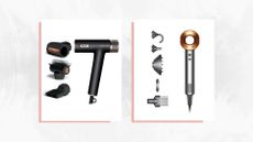 Two adjacent images of the Shark SpeedStyle Pro (left) and Dyson Supersonic (right) hair dryers in pink frames set against an off-white marble effect background