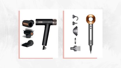 Two adjacent images of the Shark SpeedStyle Pro (left) and Dyson Supersonic (right) hair dryers in pink frames set against an off-white marble effect background