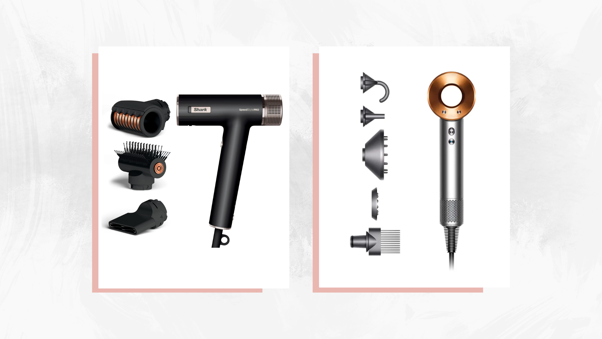Two adjacent images of the Shark SpeedStyle Pro (left) and Dyson Supersonic (right) hair dryers in pink frames set against an off-white marble effect background