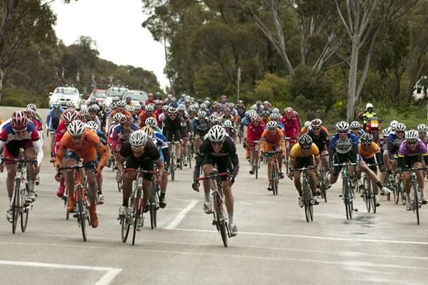 It's a mad sprint to the finish of stage six in Nyah West with Joel Pearson (orange) of Genesys Wealth Advisers gaining the upper hand.