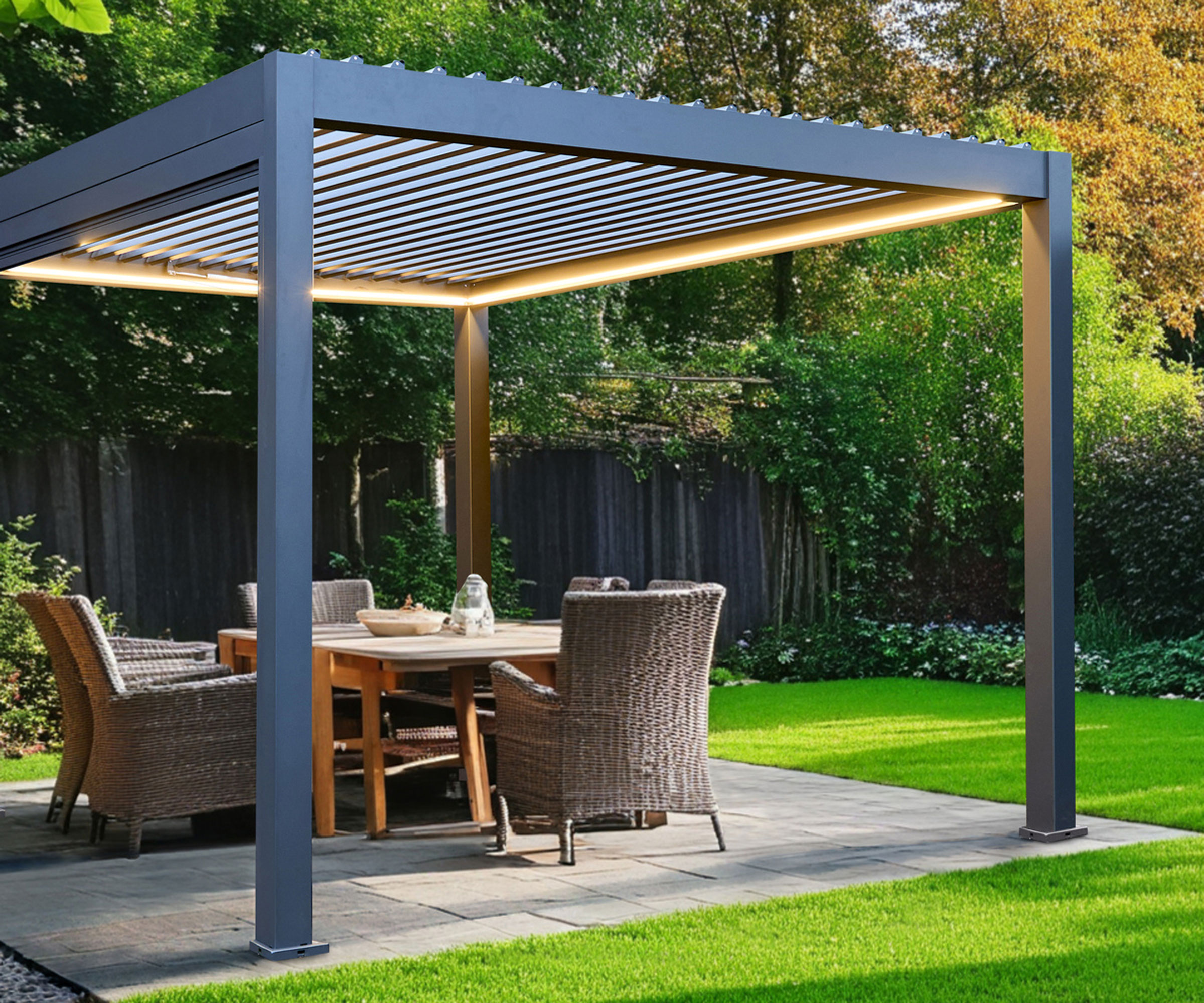 pergola with LED strip lighting, garden furniture, lawn and shrubs