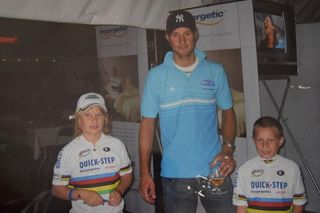 Jasper Philipsen (far right) with his brother (left) and Tom Boonen in 2006