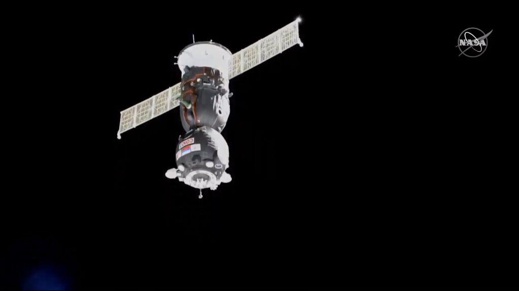 Soyuz commander Alexander Skvortsov of Roscosmos manually flew his Soyuz MS-13 spacecraft (right) from the aft Zvezda module of the International Space Station to a top-mounted Poisk module on Aug. 25, 2019.